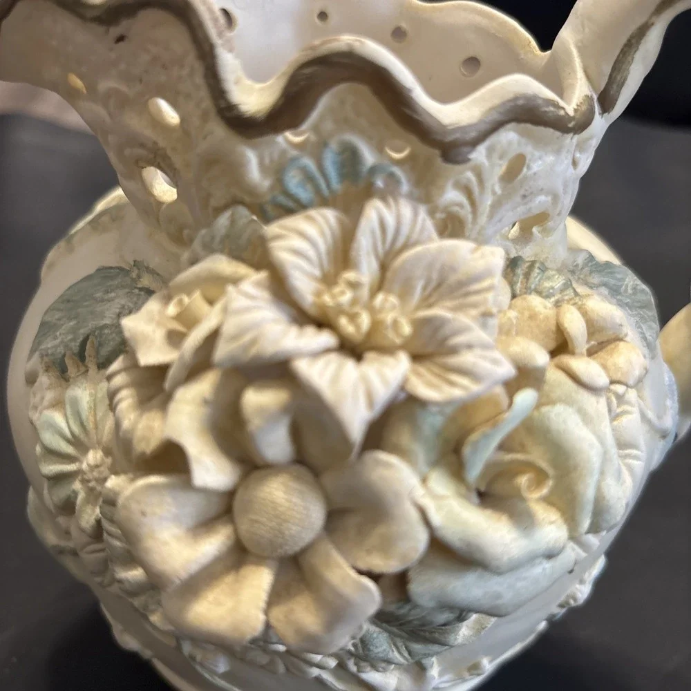 Capodimonte Porcelain Floral Pitcher Vase Reticulated Scalloped 7